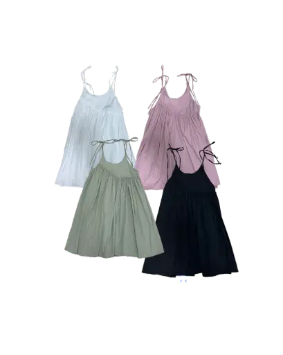 淨色斜邊碎褶綁帶吊帶背心外搭